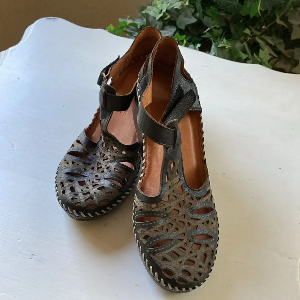 Biza Genuine Soft Leather Lazer Cutout T-Strap Wedge Shoes EUR  38